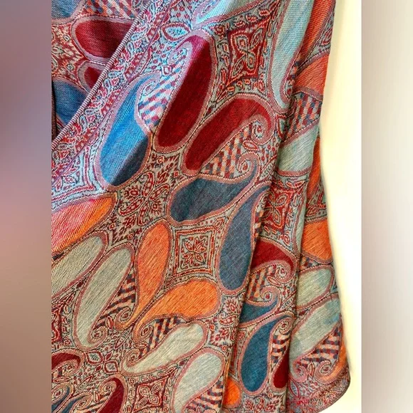 EUC Pashmina Paisley Shawl, Wrap, Red Blue Orange 74”x27.5”